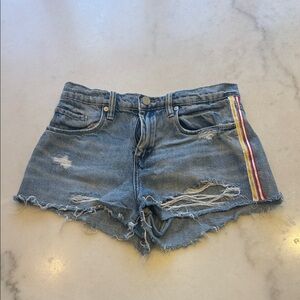 Denim Distressed Women’s Shorts with Side Stripe - Blue